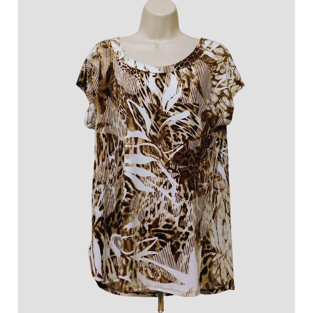 Chicos 2 Shirt L 12 Brown White Animal Tropical Print Cap Sleeves Poly Blend